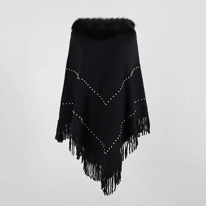 Autumn Winter New European American Capes Shawl Imitation Wool Collar Nail Bead Tassel Sweater Ponchos Lady Cape Black Cloak
Autumn Winter New European American Capes Shawl Imitation Wool Collar Nail Bead Tassel Sweater Ponchos Lady Cape Black Cloak