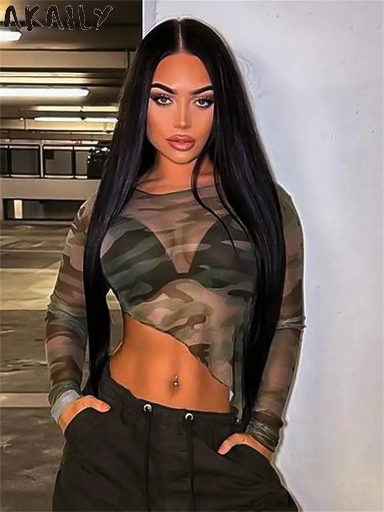 Akaily Sexy Army Green Print Long Sleeve Mesh Top Elegantly Party Outfits For Women Autumn Dissymmetry Bodycon See Through Top
Akaily Sexy Army Green Print Long Sleeve Mesh Top Elegantly Party Outfits For Women Autumn Dissymmetry Bodycon See Through Top