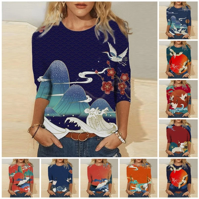 Women Slim Round Neck Long Sleeve Red-crowned Crane Cartoon Printing Tops Female Street Casual Chinese Style Harajuku Clothes 
Women Slim Round Neck Long Sleeve Red-crowned Crane Cartoon Printing Tops Female Street Casual Chinese Style Harajuku Clothes