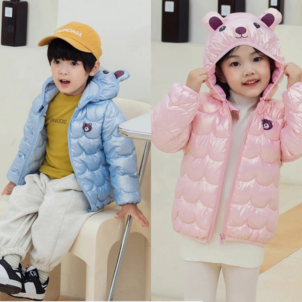 Зимняя детская одежда пуховая куртка не стирающаяся с мультяшными ушками легкие