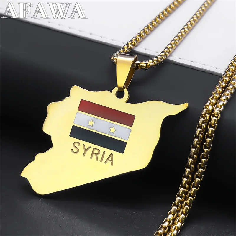 

Syria Map Flag Necklace Women Men Stainless Steel Gold Color Southwest Asian Countries The Syrian Arab Republic Jewelry N7603S02