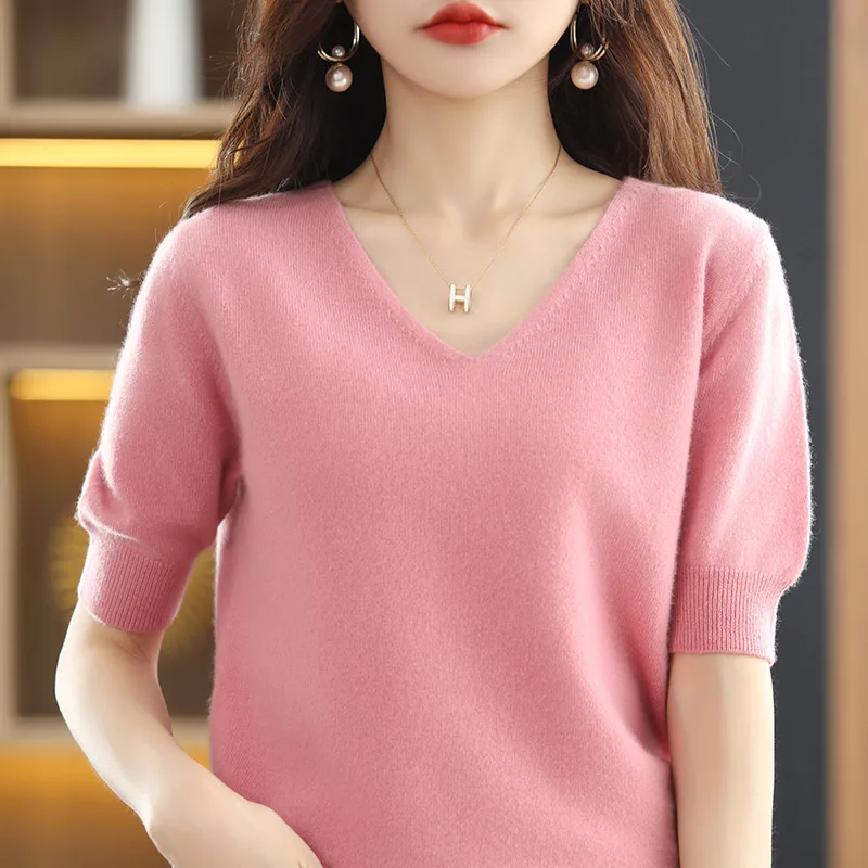 2022 summer women's new knitted short-sleeved pullover fashion wool sweater women's knitted loose V-neck Korean style topT-shirt
2022 summer women's new knitted short-sleeved pullover fashion wool sweater women's knitted loose V-neck Korean style topT-shirt