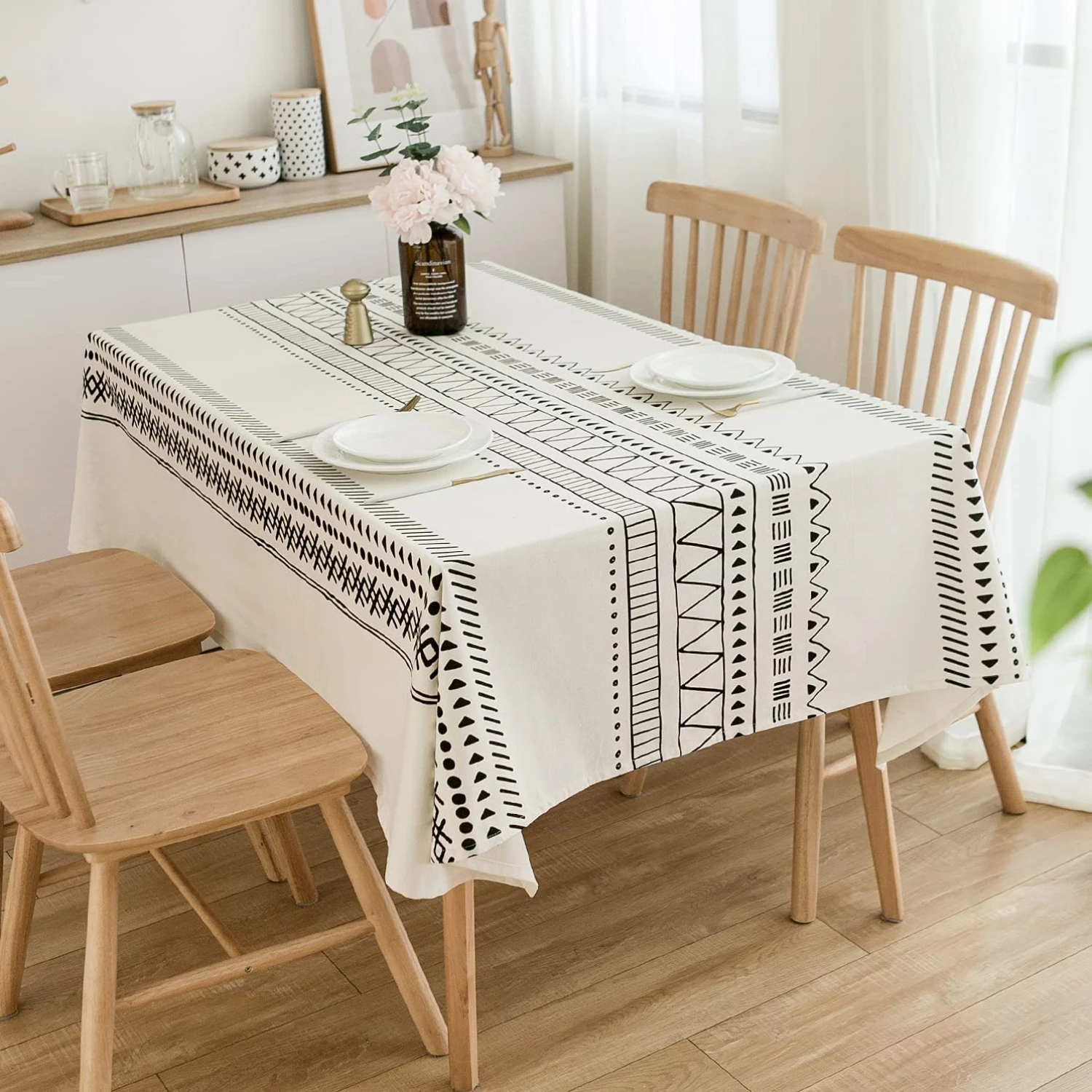 

White Black Waterproof Polyester Tablecloths Boho Farmhouse Table Cover Geometric Striped Tablecloth Holiday Party Decoration