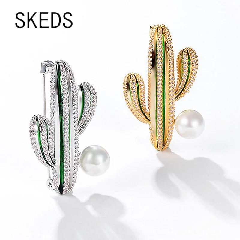 

SKEDS Crystal Women Luxury Cactus Brooches Fashion Pearl Plant Pins Corsage Lady Elegant Shiny Boutique Accessories Brooch Pin
