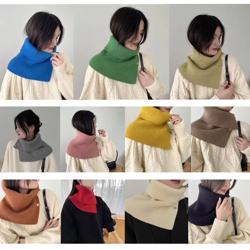 

Rib Knit Faux Collar with Button Detachable Solid Color Sweater Turtleneck Asymmetrical Neck Warmer Scarf Wrap for Women