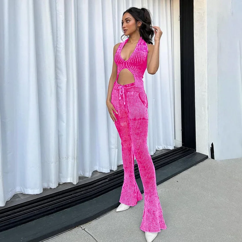

Patchwork Rib Knitted 2 Piece Set Women Sexy V Neck Halter Backless Tanks Crop Top High Waist Flare Pants Casual Streetwar Suits