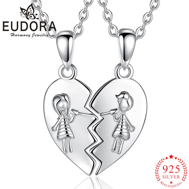 

Eudora 925 Sterling Silver Sisters Necklace Heart Shape Friendship Necklace for 2 Pcs/ Set Simple Woman Jewelry Gifts for Sister