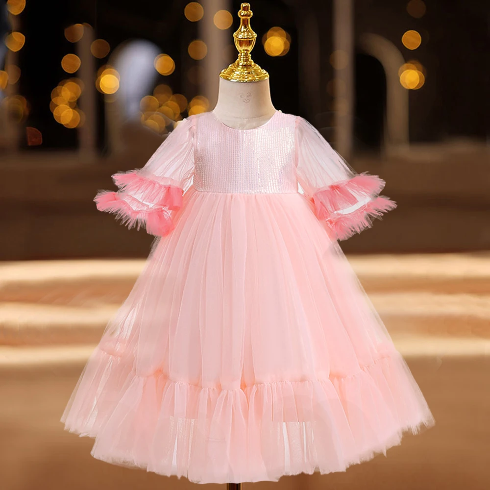 

Розовое платье-пачка для девочек на свадьбу и вечеринку, вечернее официальное детское платье для детей, бальное платье на день рождения с цветами, Пышное Платье для шоу