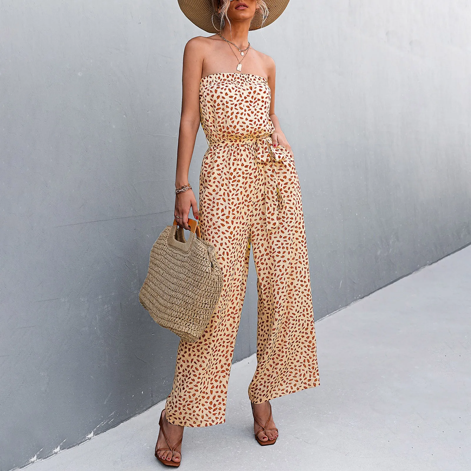 

Sexy Chic Bandeau Jumpsuit Women 2022 Floral Print Strapless Off Shoulder Sleeveless Belted Rompers Wide Leg Pants Summer Beach