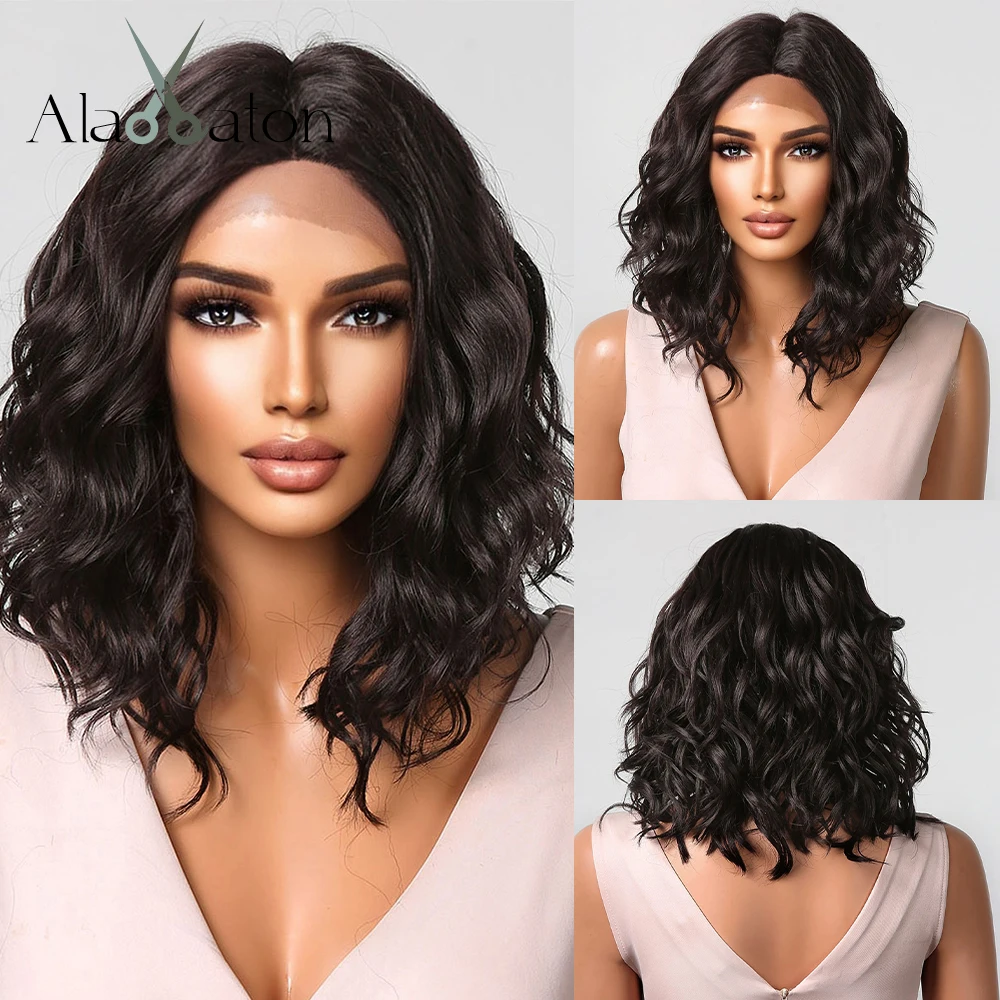 

ALAN EATON Short Curly Synthetic Lace Front Wigs Dark Brown Hair 13x1 Lace Frontal Wigs for Black Women Middle Parting Bob Wig