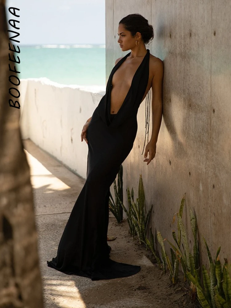 Сексуальное платье BOOFEENAA с глубоким V-образным вырезом и открытой спиной, с лямкой на шее, черные вечерние платья для женщин 2022, летние наряды... 
Сексуальное платье BOOFEENAA с глубоким V-образным вырезом и открытой спиной, с лямкой на шее, черные вечерние платья для женщин 2022, летние наряды...