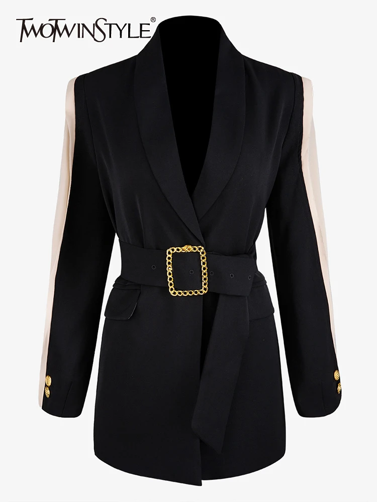 TWOTWINSTYLE Belt Blazer For Women Notched Collar Long Sleeve Patchwork Color Block Blazers Female Fashion Clothing Autumn 2022
TWOTWINSTYLE Belt Blazer For Women Notched Collar Long Sleeve Patchwork Color Block Blazers Female Fashion Clothing Autumn 2022