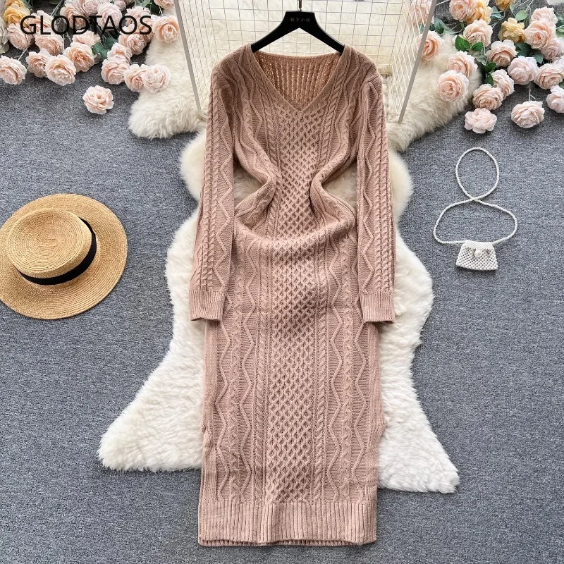 GLODTAOS Vinatge Knitted Dress Women Autumn Winter Frence Style Elegant V-neck Pullover Knitwear Long Dresses Vestidos
GLODTAOS Vinatge Knitted Dress Women Autumn Winter Frence Style Elegant V-neck Pullover Knitwear Long Dresses Vestidos