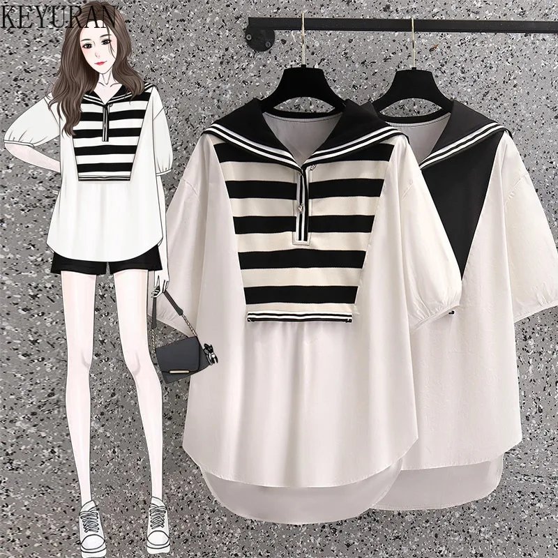 M-4XL Oversize Sailor Collar Striped Stitching White Shirts Women's Top Summer New Fashion Loose Fake Two Short-sleeved Blouse
M-4XL Oversize Sailor Collar Striped Stitching White Shirts Women's Top Summer New Fashion Loose Fake Two Short-sleeved Blouse