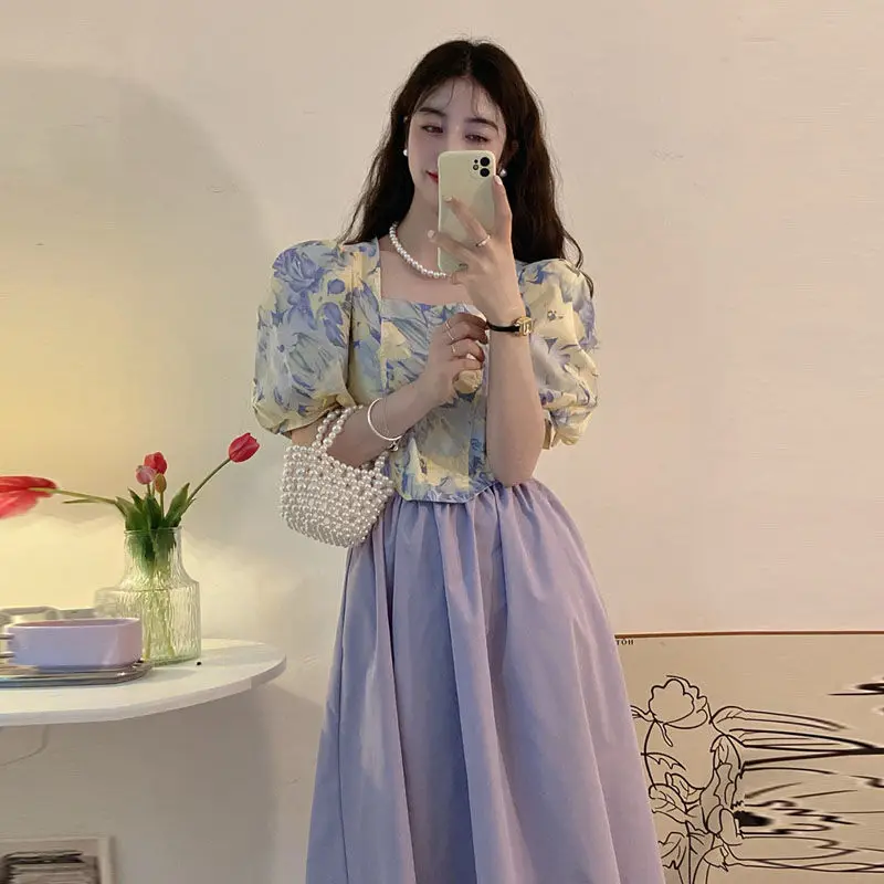 

2023 New Summer Women Korean 2 Piece Set Fashion Print Short Sleeve Shirts + High Waist Pleated Maxi Skirt Suit Tops X59