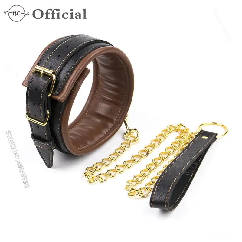 БДСМ ошейник для связывания БДСМ игрушки мягкая кожа и Золотая железная цепочка ошейник для секс-раба сексуальные игрушки для пар секс-шоп