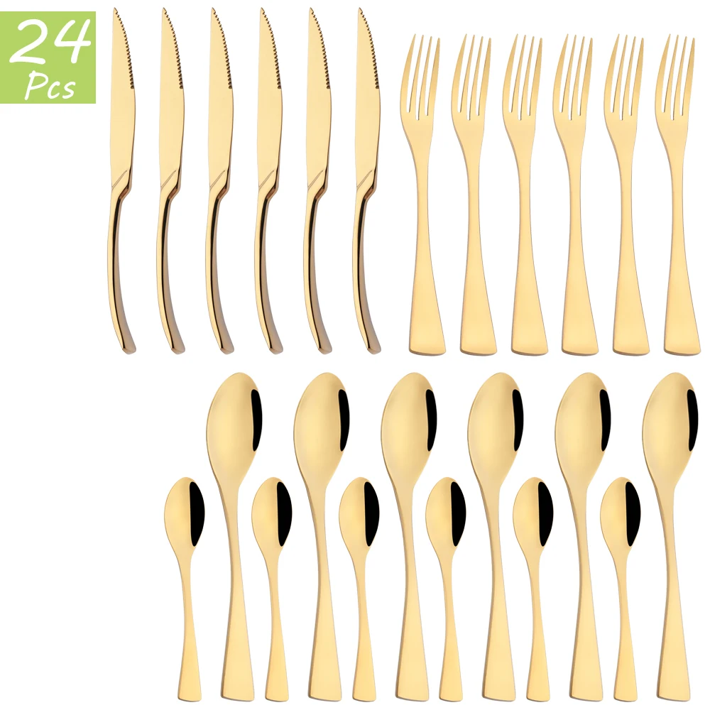 

24Pcs Gold Cutlery Set Mirror Stainless Steel Dinnerware Tableware Steak Knife Fork Teaspoon Silverware Western Kitchen Flatware