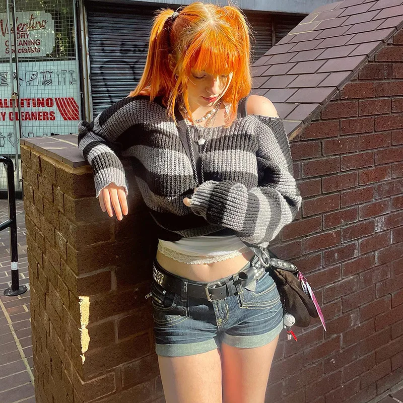 Off The Shoulder Knitted Sweater 2022 Autumn New Fashion Black Gray Stripe Loose Thin All-match Woolen Long Sleeve Pullover Top
Off The Shoulder Knitted Sweater 2022 Autumn New Fashion Black Gray Stripe Loose Thin All-match Woolen Long Sleeve Pullover Top