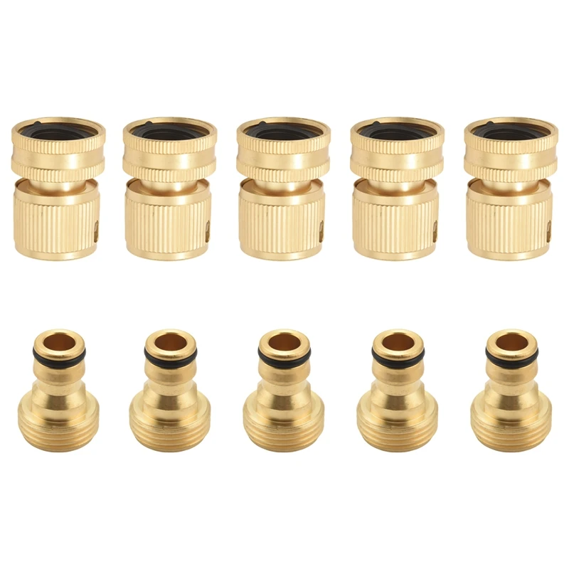 

Garden Hose Quick Connectors Solid Brass 3/4 Inch GHT Thread Easy Connect Fittings No-Leak Water Hose Male Female Value 5 Pack