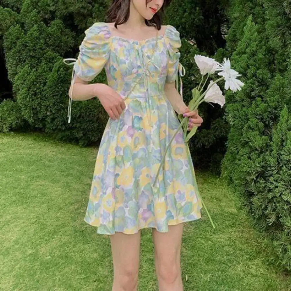 Women Dress Floral Print High Waist Summer Lace-up A-Line Mini Dress Streetwear 
Women Dress Floral Print High Waist Summer Lace-up A-Line Mini Dress Streetwear