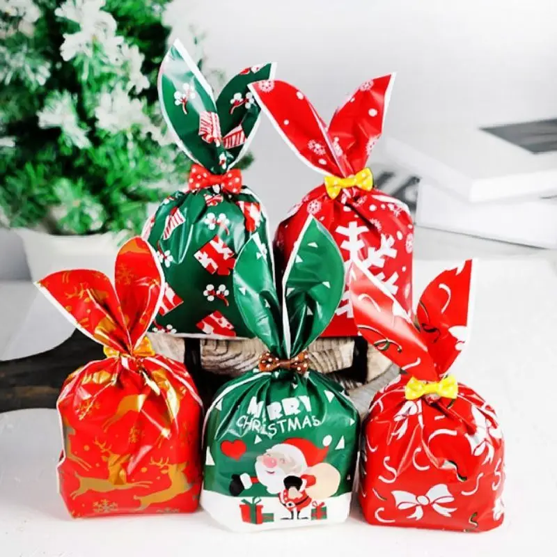 

50PCS Christmas Party Decoration Bunny Ear Gift Bag Snowflake Crisp Nougat Plastic Bag Apple Cookie Kids Santa Claus Candy Case