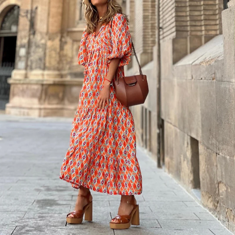 Elegant Boho Floral Drawstring Dress Women Puff Sleeve V Neck Printing Long Dress Summer Holiday Female Dresses Party Vestidos
Elegant Boho Floral Drawstring Dress Women Puff Sleeve V Neck Printing Long Dress Summer Holiday Female Dresses Party Vestidos