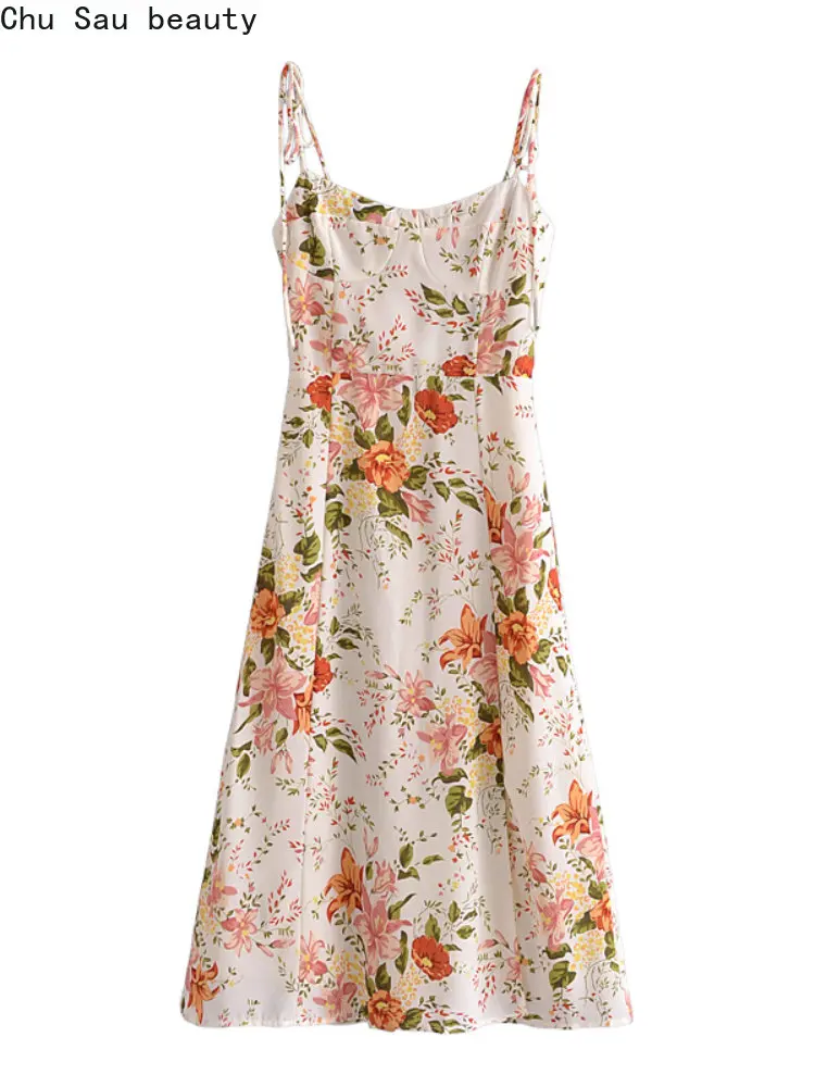 

Chu Sau красивое новое летнее модное милое привлекательное приталенное миди-платье с цветочным принтом милое платье с квадратным вырезом и открытой спиной