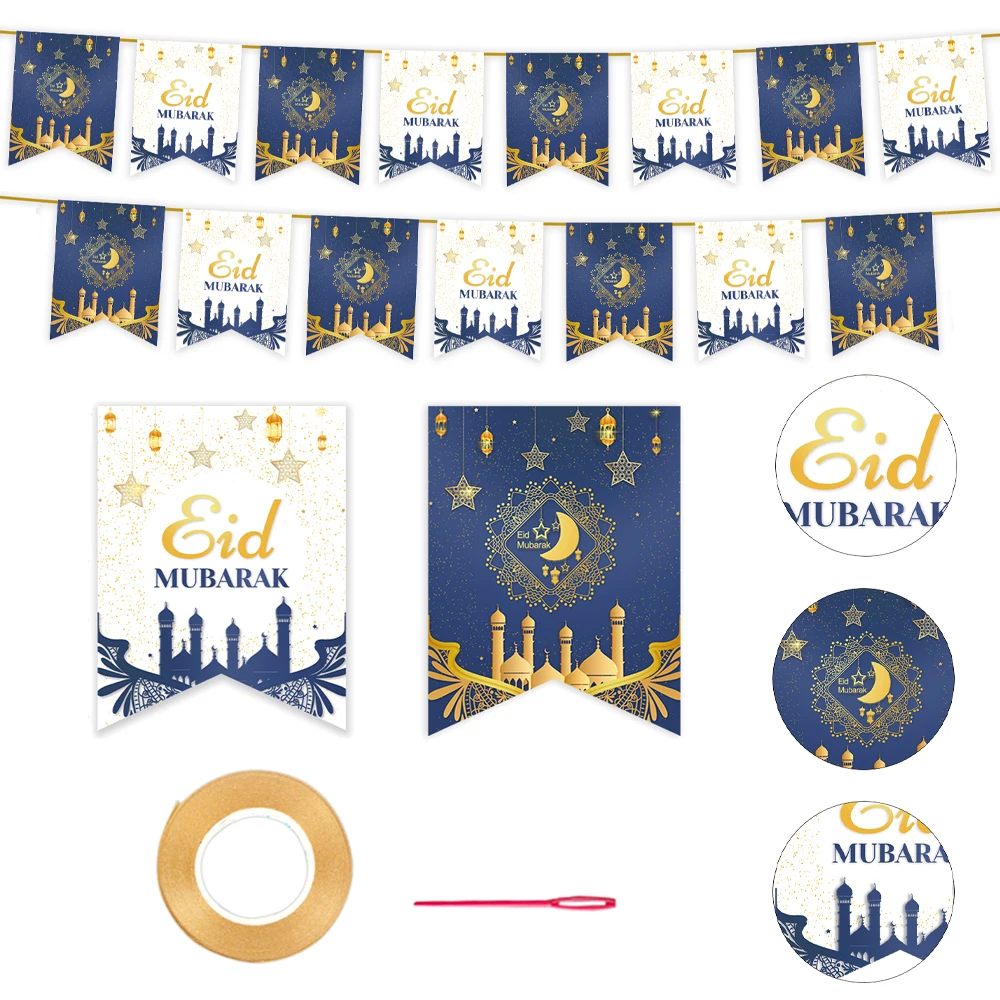 

2023 Eid Mubarak Banner Bunting Muslims Ramadan Decorations Linen Hanging Flag with Ropes Islam Home Decors Party Supplies