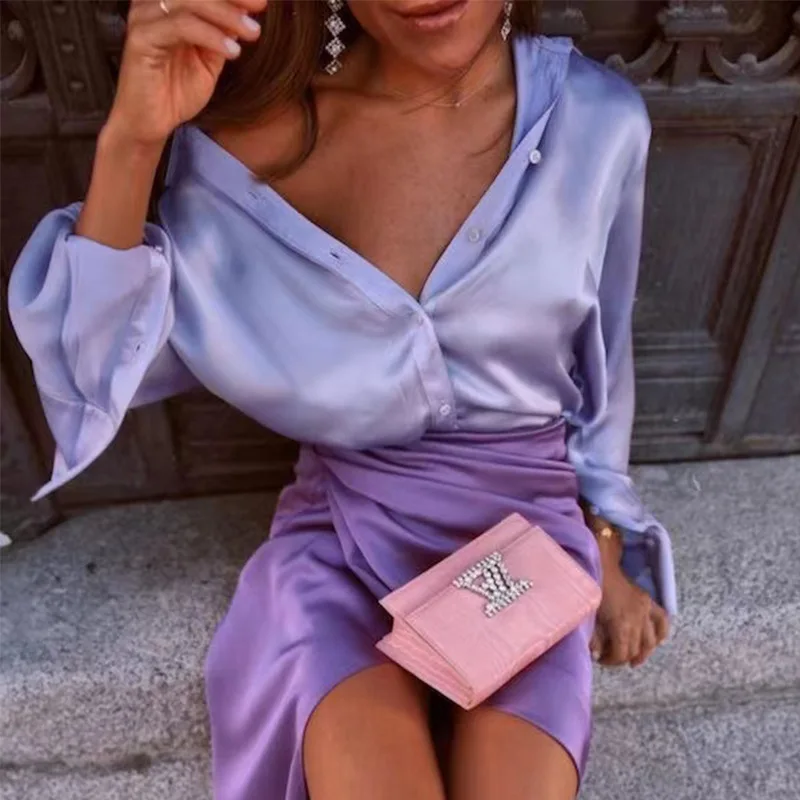 Satin Shirt Women Summer 2022 Elegant Single Breasted Fashion Vintage Purple Green Long Sleeve Female Blousa Tops Shirts Hot
Satin Shirt Women Summer 2022 Elegant Single Breasted Fashion Vintage Purple Green Long Sleeve Female Blousa Tops Shirts Hot