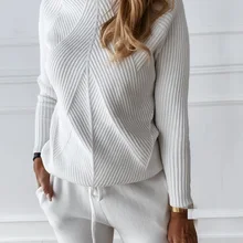 TYHRU Autumn Winter Womens tracksuit Solid Color Striped Turtleneck Sweater and Elastic Trousers Suits Knitted Two Piece Set