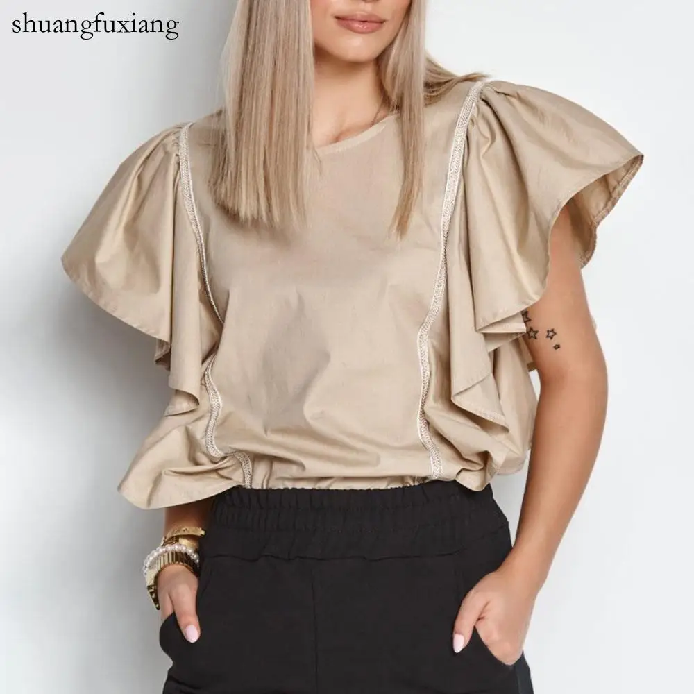 Casual Ruffles Lace Patchwork Short Sleeve Shirt Blouse Woman Summer Fashion O-neck Solid Shirts For Women 2022 White Tops Femme
Casual Ruffles Lace Patchwork Short Sleeve Shirt Blouse Woman Summer Fashion O-neck Solid Shirts For Women 2022 White Tops Femme