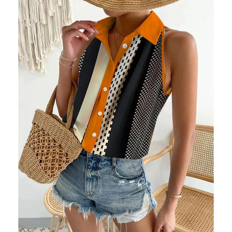 

Spring Summer Colorblock Contrast Binding Button Front Top Women Sleeveless Camis Tanks Tops Shirts
