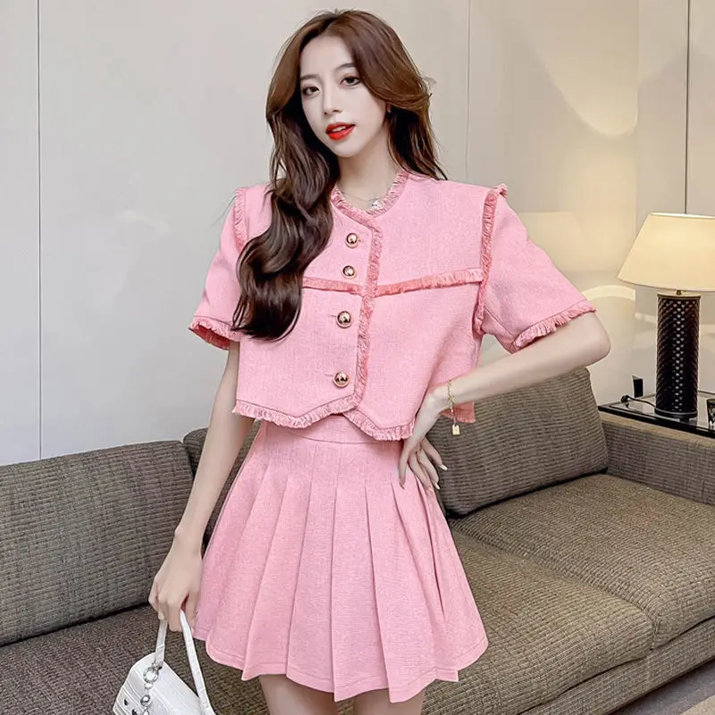 Summer Women Korean Pink Luxury Two Piece Set Sweet Girl Fashion Fringe Top Coat + High Waist Pleated Skirt Suit 2 Piece Set
Summer Women Korean Pink Luxury Two Piece Set Sweet Girl Fashion Fringe Top Coat + High Waist Pleated Skirt Suit 2 Piece Set
