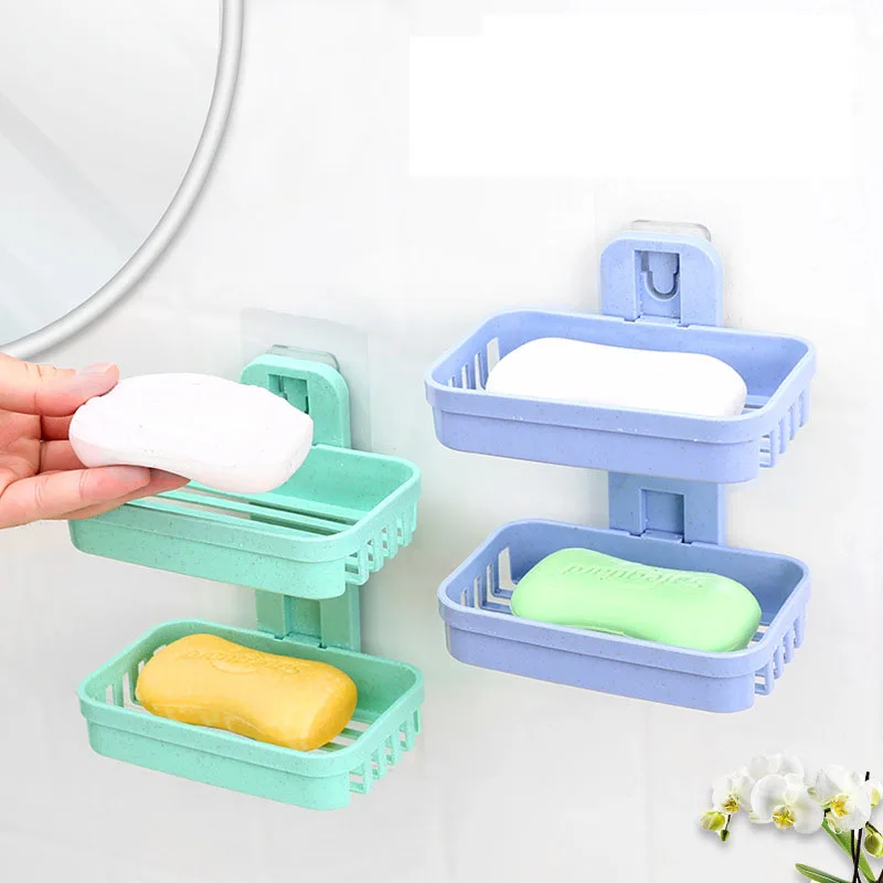 

Wall Mounted Double Layer Soap Dish Punch-Free Drawer Draining Holder Kitchen Sponge Storage Box Bathroom Organizer Rack Shelves