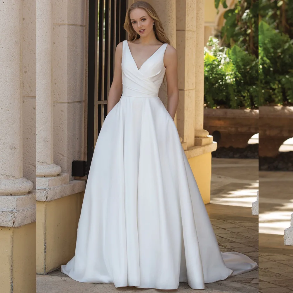 Simple V-Neck Sleeveless Wedding Dress Backless A-Line Bridal Gowns With Pockets Plain Satin Sweep Train Civil Vestidos De Novia
Simple V-Neck Sleeveless Wedding Dress Backless A-Line Bridal Gowns With Pockets Plain Satin Sweep Train Civil Vestidos De Novia