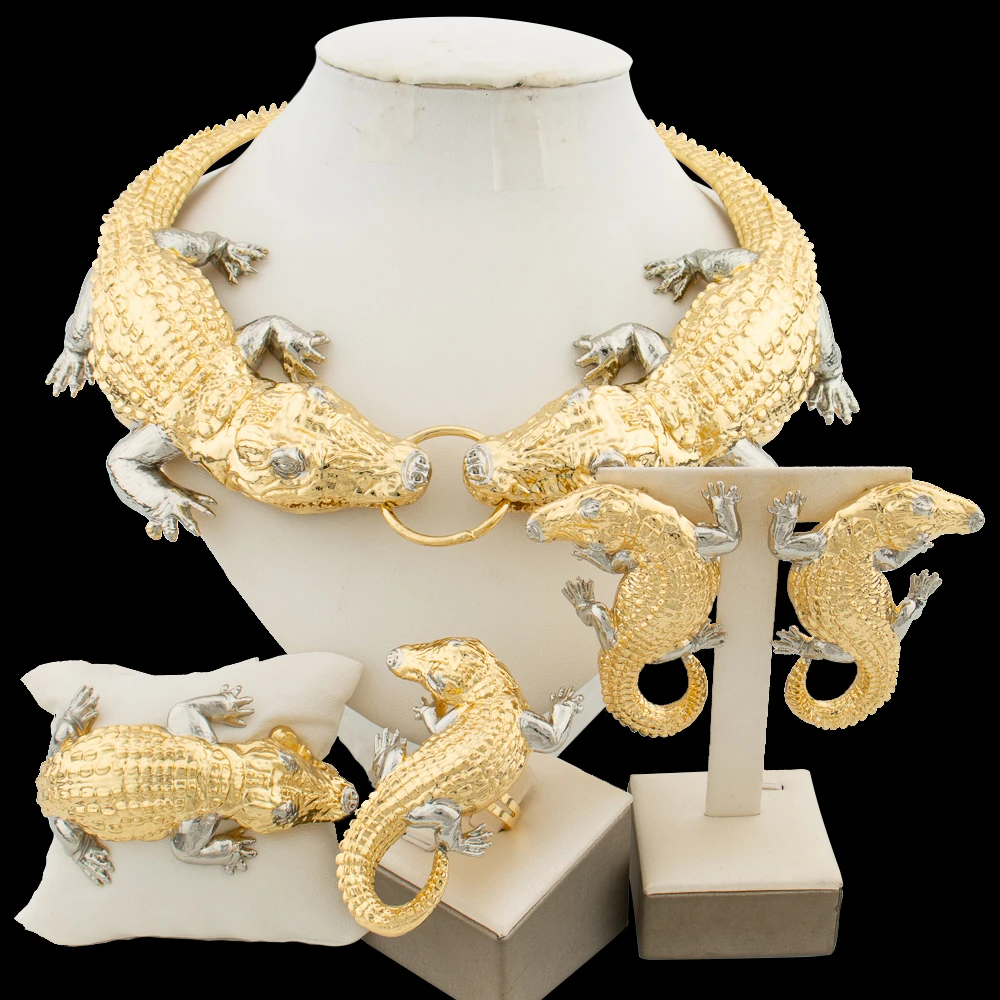 Dubai Fashion Crocodile Design Jewelry Set for Women Big Necklace Earrings and Bangle Ring 4Pcs Set for Engagement Bridal Gifts
Dubai Fashion Crocodile Design Jewelry Set for Women Big Necklace Earrings and Bangle Ring 4Pcs Set for Engagement Bridal Gifts