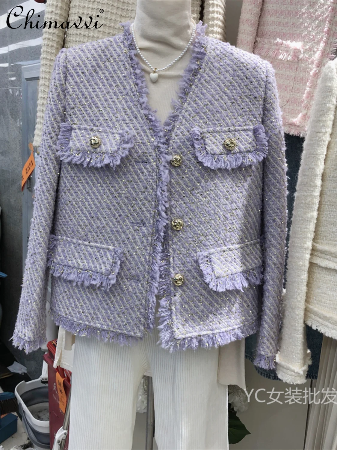 Autumn and Winter French Style V-neck Tassel Purple Short Coat Fashion All-Match Tweed Long Sleeve Temperament Commute Jacket
Autumn and Winter French Style V-neck Tassel Purple Short Coat Fashion All-Match Tweed Long Sleeve Temperament Commute Jacket