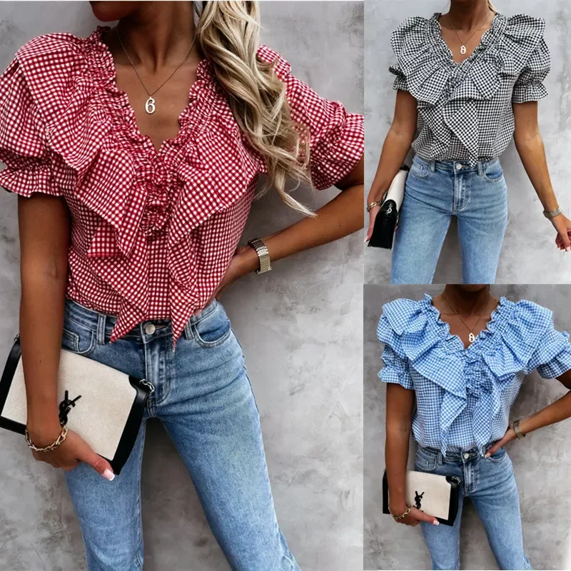 Women Summer Red Blue Plaid Print Blouse Shirt Sweet Double V Neck Ruffles Short Sleeve Ruffles Office Lady Blouses Slim Blusa
Women Summer Red Blue Plaid Print Blouse Shirt Sweet Double V Neck Ruffles Short Sleeve Ruffles Office Lady Blouses Slim Blusa