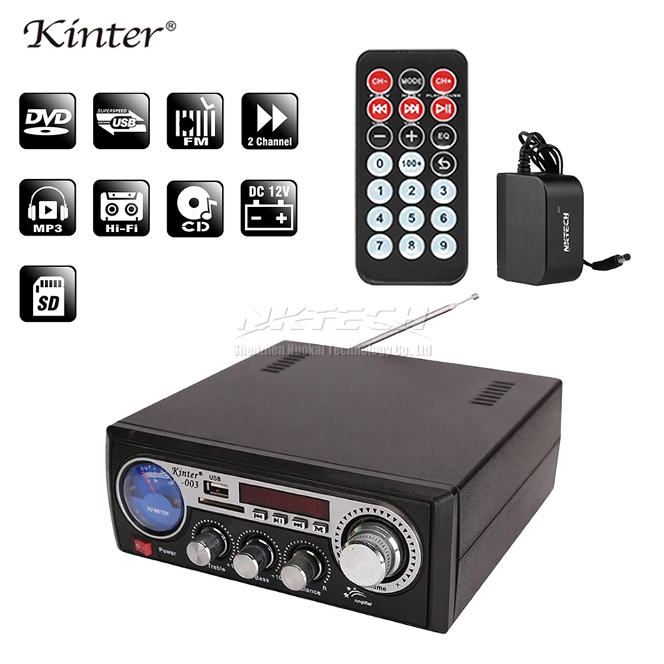 

Car Power Amplifier Kinter-003 Digital Audio Player 2x 25W Hi-Fi Stereo BASS Treble Balance USB SD MP3 FM 12V 220-240V VU Meter