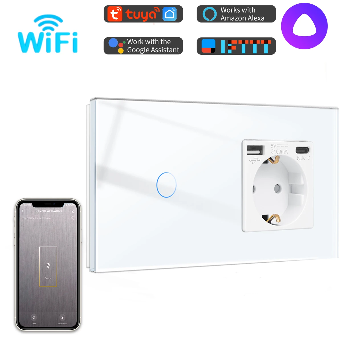 Умный сенсорный выключатель Bingoelec с розеткой USB Type-C
Умный сенсорный выключатель Bingoelec с розеткой USB Type-C