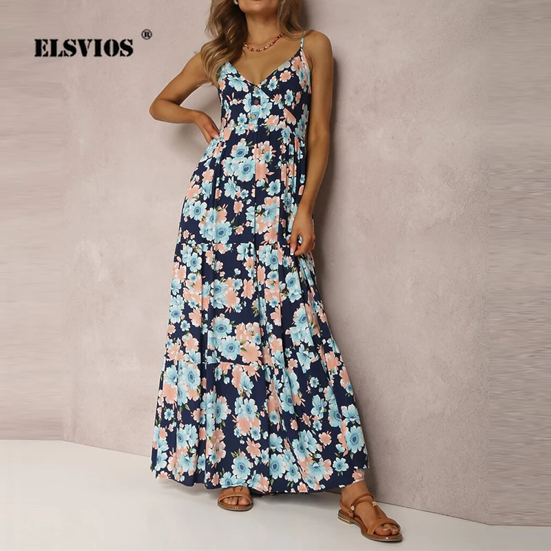 Женское пляжное платье с цветочным принтом, повседневное длинное платье-трапеция на бретельках с V-образным вырезом, без рукавов, с открытой спиной, на лето 
Женское пляжное платье с цветочным принтом, повседневное длинное платье-трапеция на бретельках с V-образным вырезом, без рукавов, с открытой спиной, на лето
