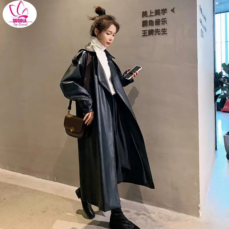 SUSOLA Spring Black Oversized Long Waterproof Leather Trench Coat for Women Lady Long Sleeve Loose Korean Trend Clothing
SUSOLA Spring Black Oversized Long Waterproof Leather Trench Coat for Women Lady Long Sleeve Loose Korean Trend Clothing