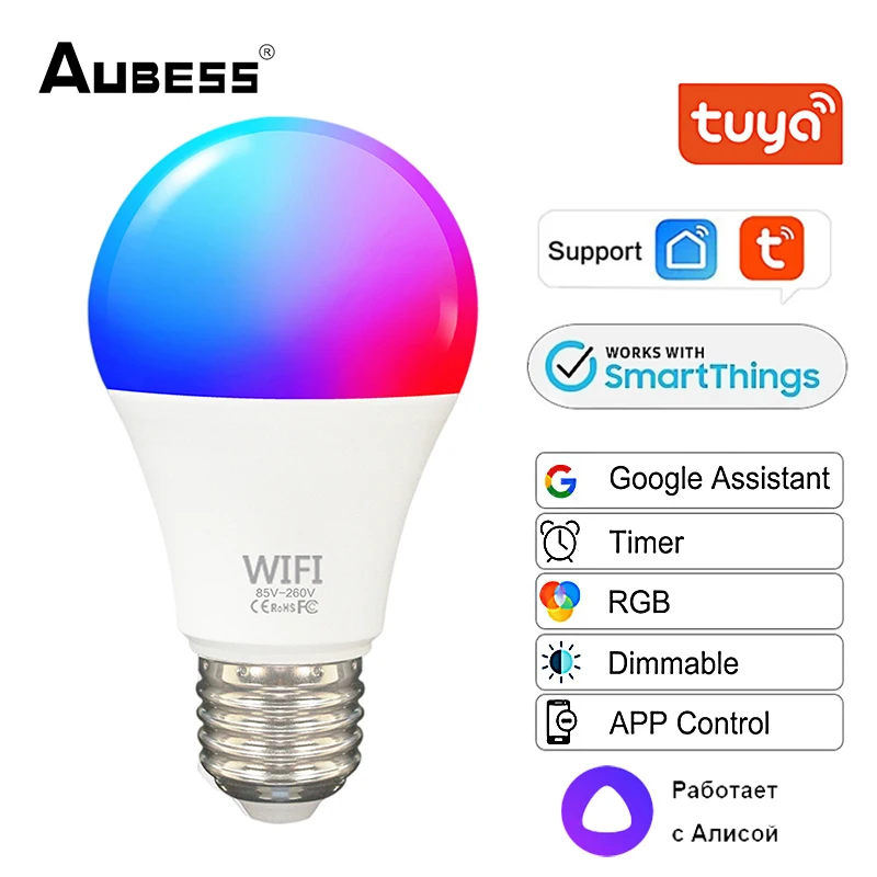 

Tuya Smart Voice Control 9W RGBCW Smart Light Bulb Dimmable E27 B22 WiFi LED Lamp AC100-240V Works With Alexa Alice Google Home