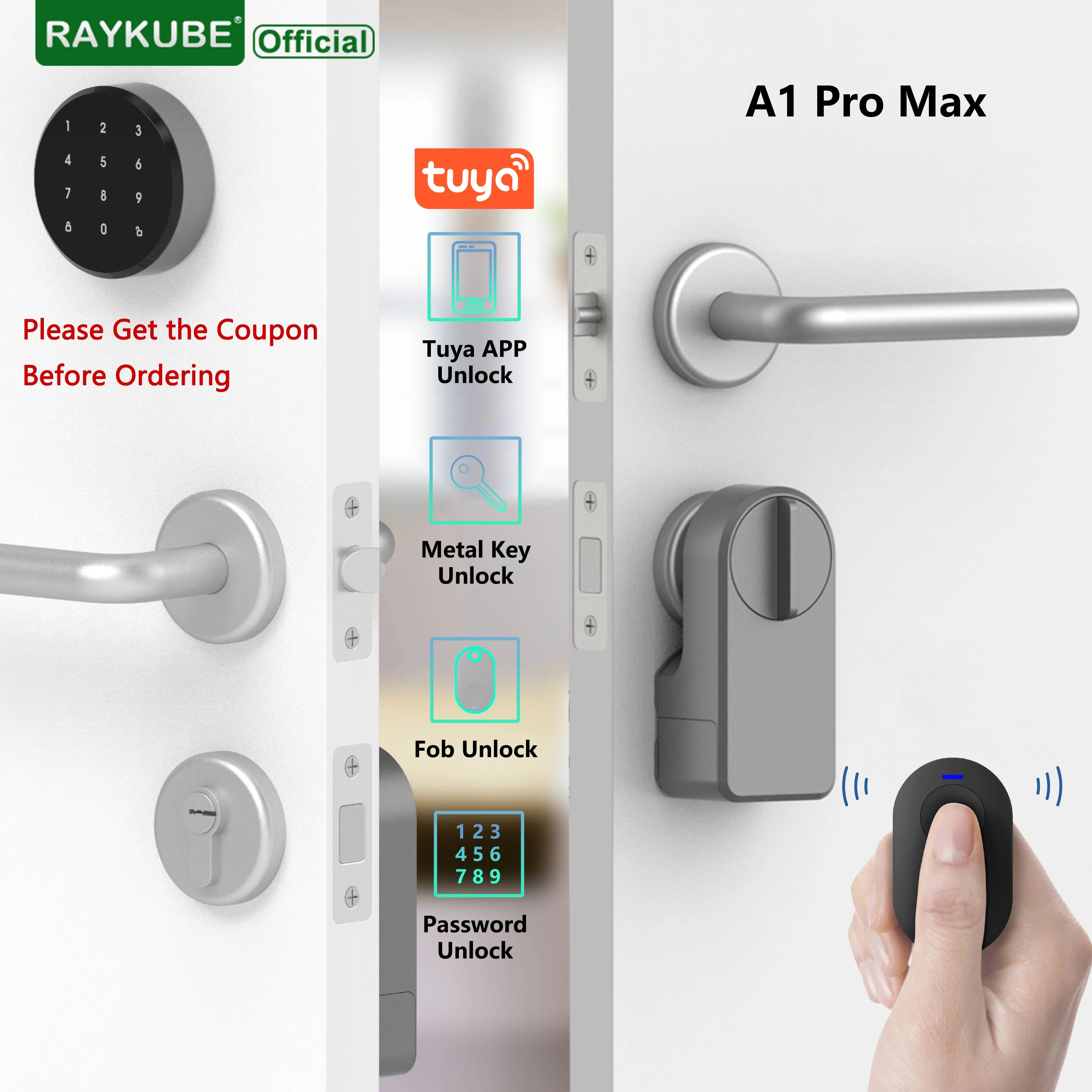 

RAYKUBE A1 Pro Max Tuya BEL Smart Electronic Door Lock Set with Fobs/Wireless Keypad/Smart Key Smart Life/Tuya APP Remote Unlock