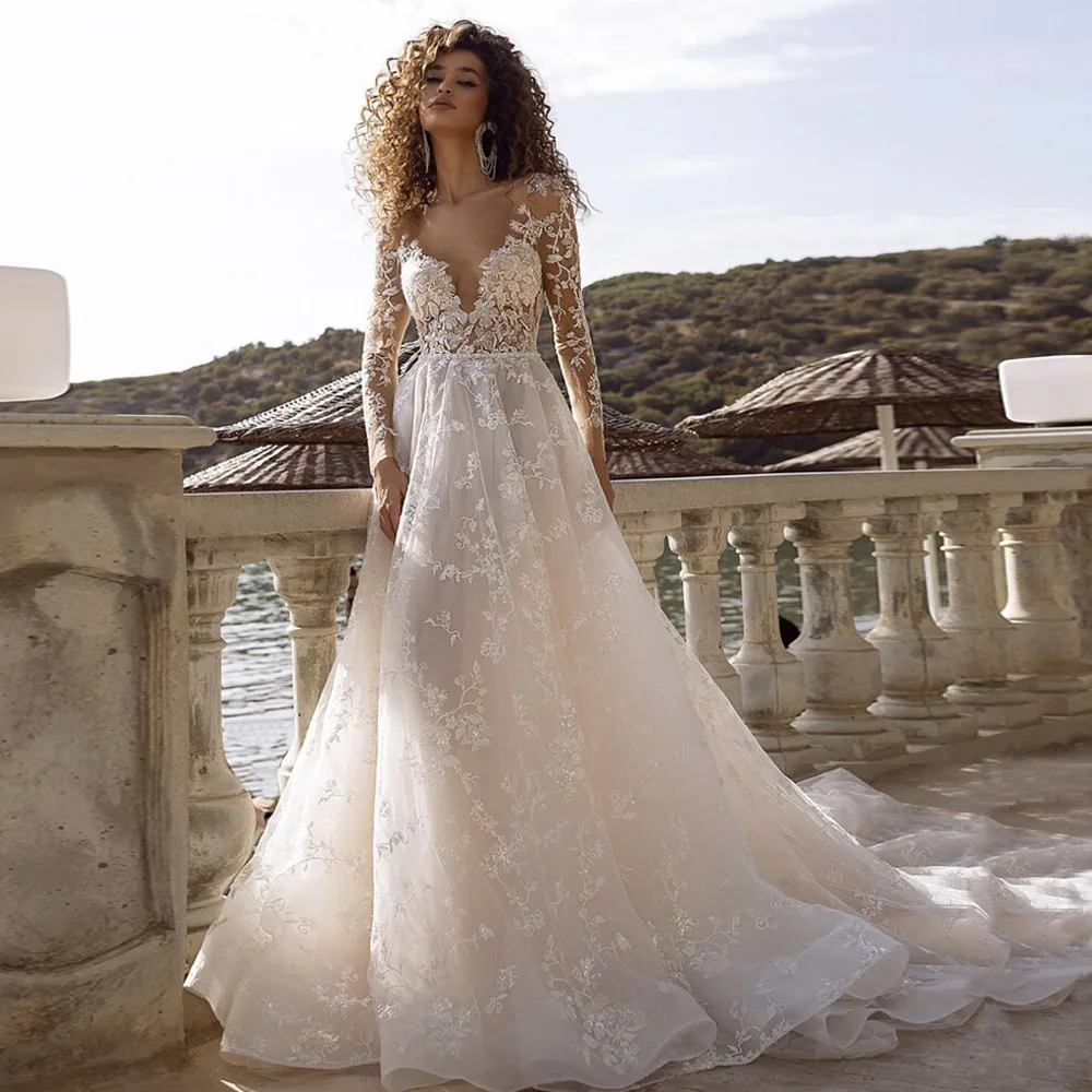 Long Sleeves Wedding Gowns 2022V-Neck Backless Bridal Dresses A-Line Lace Appliques Sweep Train Boho Illusion Vestido De Noiva
Long Sleeves Wedding Gowns 2022V-Neck Backless Bridal Dresses A-Line Lace Appliques Sweep Train Boho Illusion Vestido De Noiva
