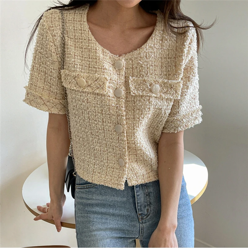 Tweed Jacket Elegant Retro Single Breasted Crewneck Short Sleeve Cotas Women Loose Korean Tops Casual Office Lady Shirts N362
Tweed Jacket Elegant Retro Single Breasted Crewneck Short Sleeve Cotas Women Loose Korean Tops Casual Office Lady Shirts N362