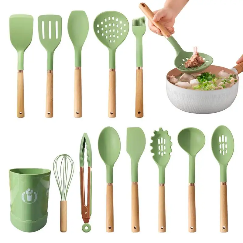 

13pcs Silicone Kitchen Utensils Set Kitchen Cooking Tools Anti Scald Non Stick Cookware Spatula Wood Handle Food Grade For Camp