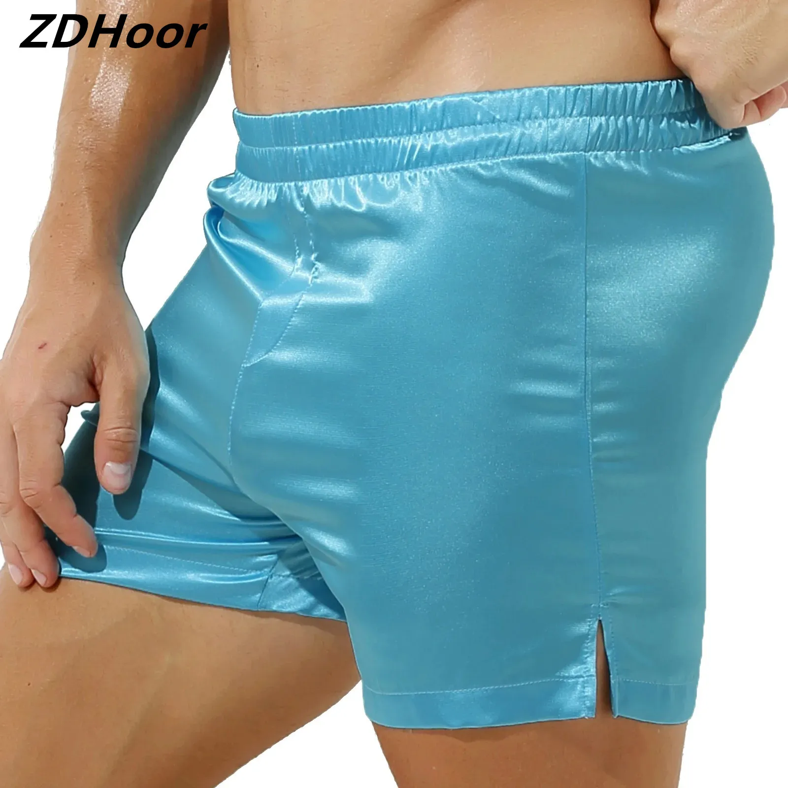 

Mens Satin Mid Waist Shorts Underwear Elastic Side Split Boxer Brief Fashion Loungewear Pajama Sleepwear Bottoms Homewear