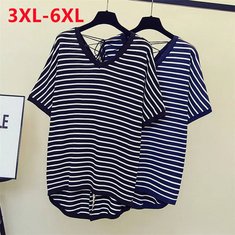2022 large women's short sleeved summer new V-neck lace up striped Plus Size sweater 3XL 4XL 5XL 6XL
2022 large women's short sleeved summer new V-neck lace up striped Plus Size sweater 3XL 4XL 5XL 6XL