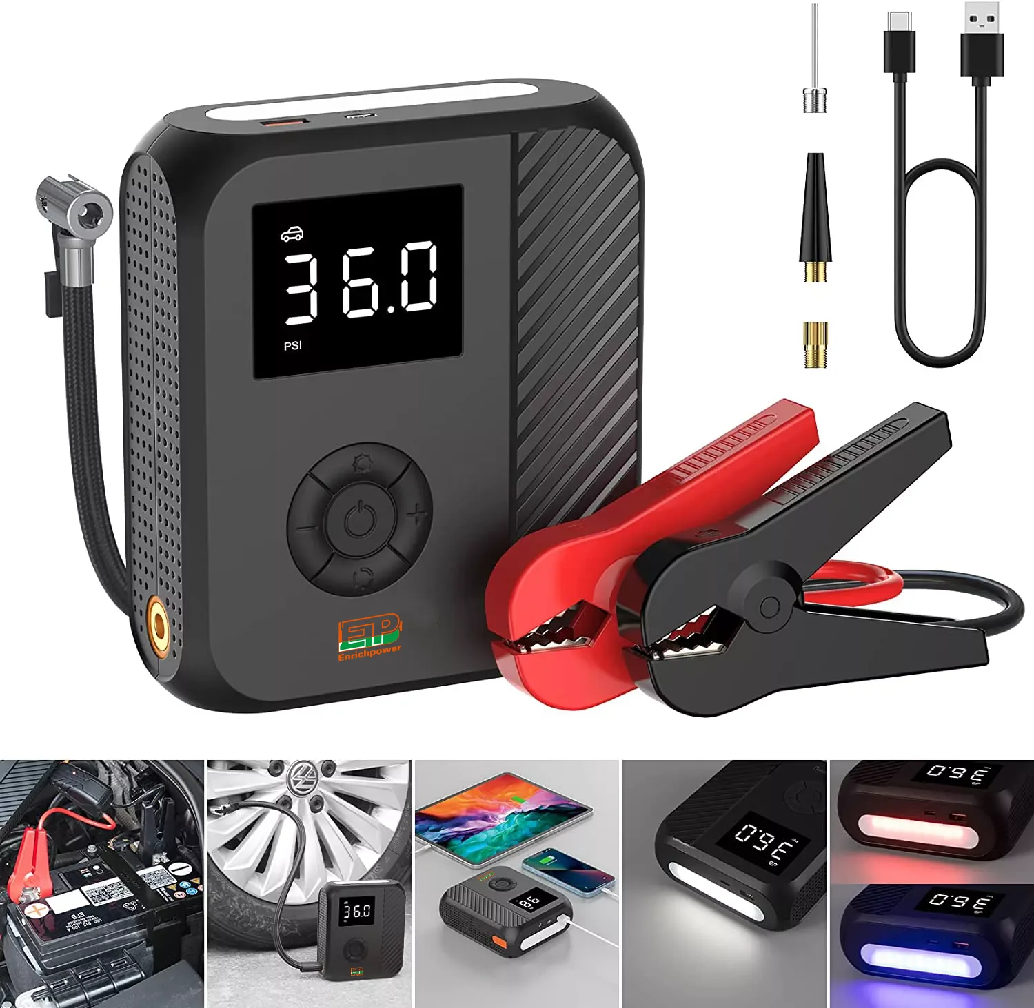 Factory Price Multi-function Portable 12000mAh 14000mAh 1000A Car Jump Starter with Tire Inflator Air Compressor Pump
Factory Price Multi-function Portable 12000mAh 14000mAh 1000A Car Jump Starter with Tire Inflator Air Compressor Pump